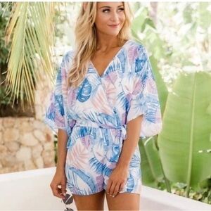 Pink Lilly Boutique, Tropical Leaf Print Romper with waist tie